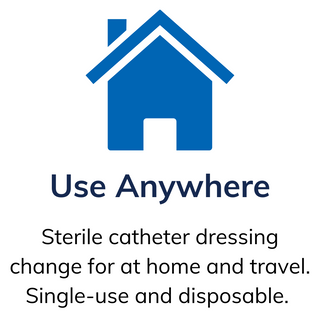 Sterile catheter dressing change for at home and travel. Single use and disposable. Use anywhere